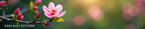 A single pink flower begins to bloom from a tree's branch, delicate, blossom