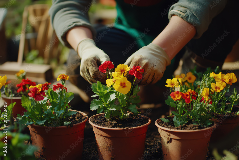 Home gardener transplants vibrant flowers into pots in a sunny outdoor setting