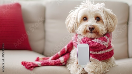Petfluencer concept. A cute dog wrapped in a cozy scarf holds a smartphone, sitting on a couch in a warm, inviting living room.
