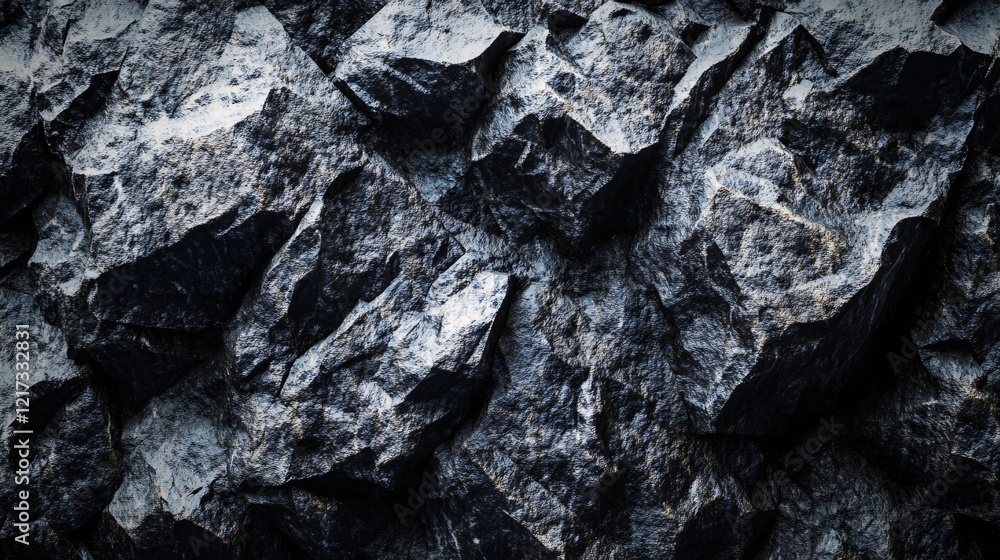 Textured surface of dark, rugged rock formation showcasing sharp edges and deep shadows. Textured surface of dark, rugged rock formation showcasing sharp edges and deep shadows.