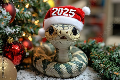 Cute cartoon snake wearing a festive Santa hat amidst Christmas decorations and festive cheer photo