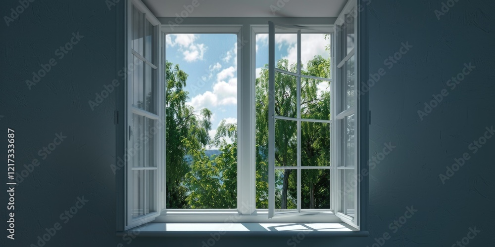 A window with a view of trees and a lake. The window is open, letting in the light and the sounds of nature. The scene is peaceful and calming, with the trees A window with a view of trees and a lake. The window is open, letting in the light and the sounds of nature. The scene is peaceful and calming, with the trees