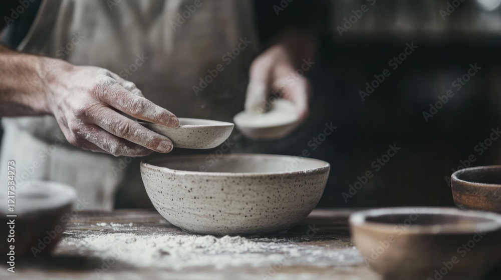 Fototapeta premium Artisan potter skillfully shaping clay bowls in a rustic workshop, dust floating in sunlight
