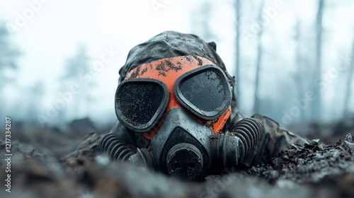 Gas mask abandoned on the ground in a post-apocalyptic setting with debris and ruined environment