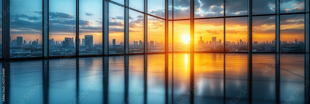Sunset view from a glass-walled office space overlooking a city skyline Sunset view from a glass-walled office space overlooking a city skyline