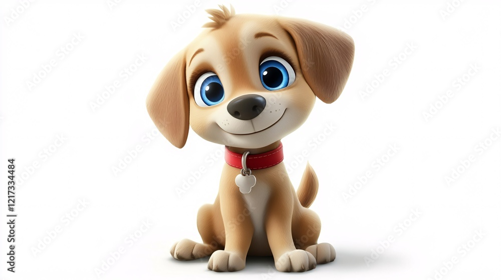Fototapeta premium A cheerful animated puppy with large blue eyes and a red collar, exuding joy and playfulness.