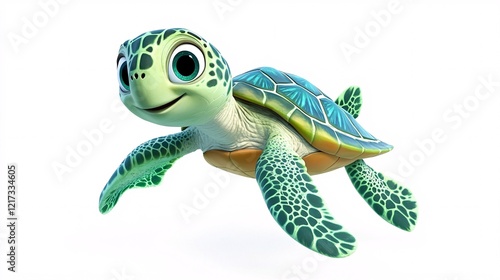 A cheerful animated sea turtle with a bright green shell gliding through the water, exuding a playful and friendly aura.