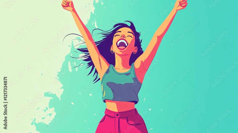 A joyful young woman of Asian descent celebrates with her arms raised against a vibrant turquoise background. A joyful young woman of Asian descent celebrates with her arms raised against a vibrant turquoise background.