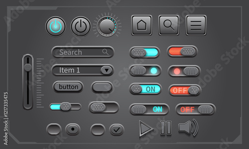 UI button set geometric design grey tone technology control vector