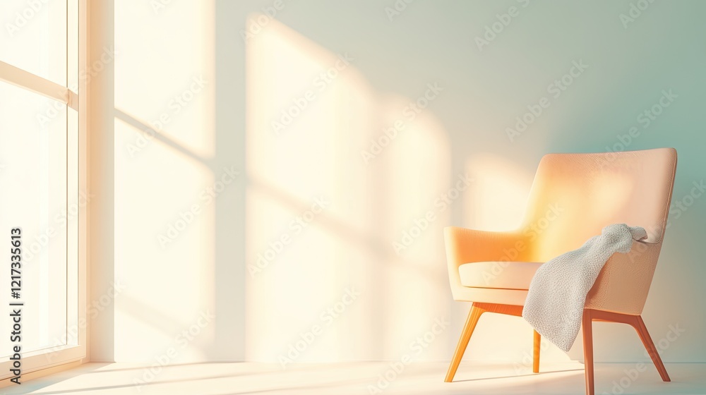 Fototapeta premium cozy armchair next to large window with soft throw blanket draped over it