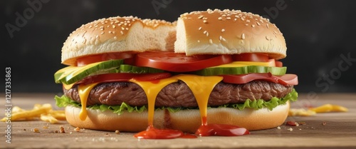 Half hamburger cut in half with ketchup and mustard, savory, meaty, hamburger photo