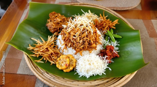 A traditional plate of nasi puyung from Lombok photo