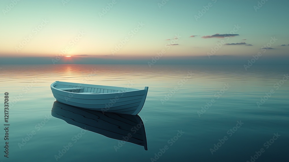 A small white vessel drifts on the serene surface of a large water body, with a blue sky as the backdrop A small white vessel drifts on the serene surface of a large water body, with a blue sky as the backdrop