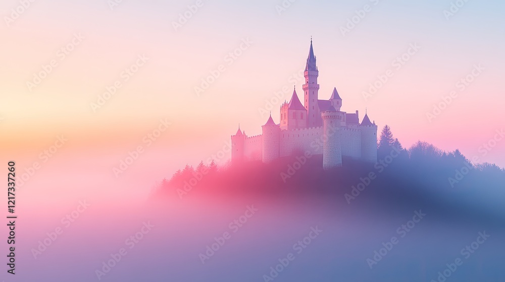 grand medieval castle atop hill surrounded by misty forests warm sunrise light hitting its stone walls copy space grand medieval castle atop hill surrounded by misty forests warm sunrise light hitting its stone walls copy space