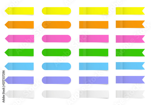 Set of long thin paper stickers. Pointed bookmarks. Stick in notes. Neon shades of green, purple, blue, white, yellow, orange and pink. Multicolor post it notes. Rounded tags, sticky note.