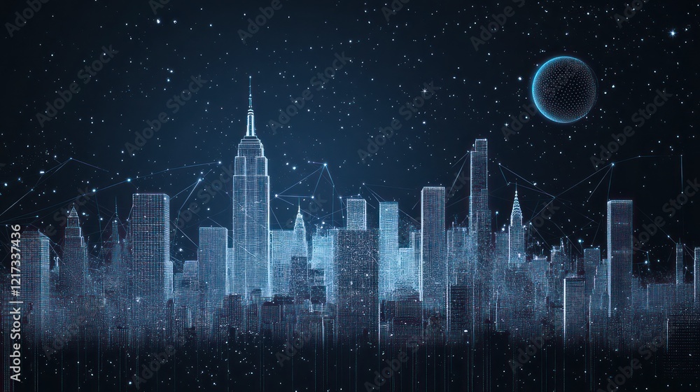 Fototapeta premium Futuristic cityscape at night with digital connections.