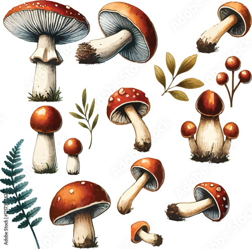  watercolor wild mushroom vector 