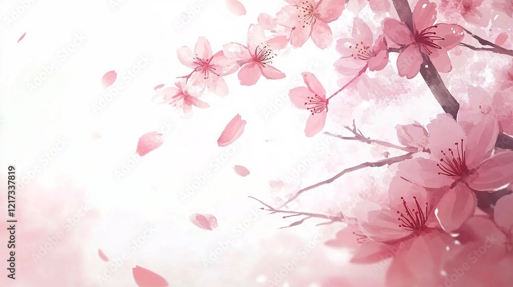 Naklejka premium Delicate cherry blossom branches in soft pink hues, evoking a serene and tranquil atmosphere.