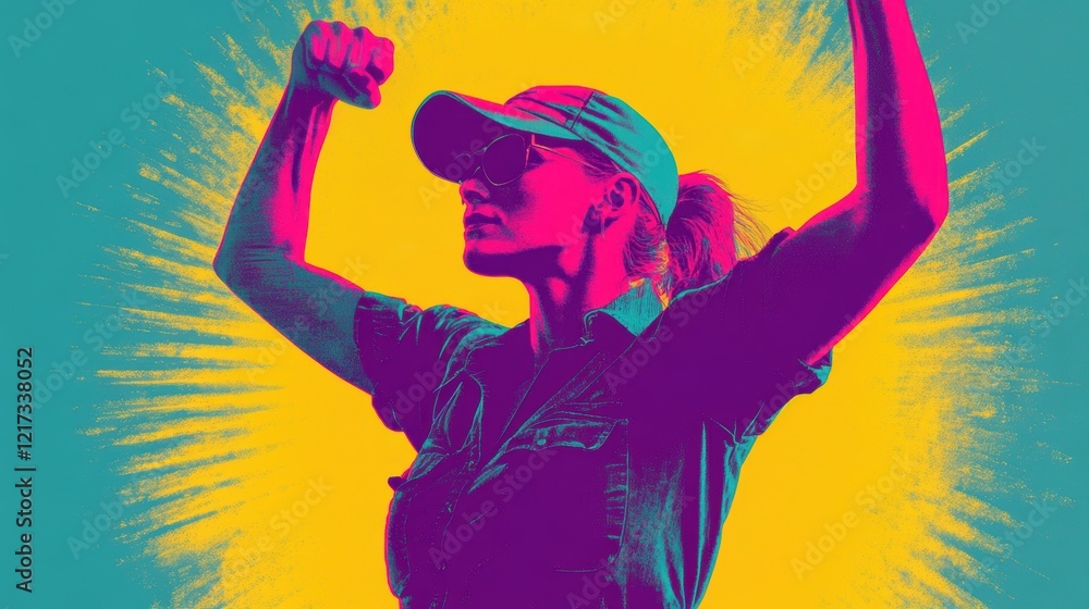 Illustration of an independent woman raising her arms in a gesture of strength and victory, a graphic for International Women's Day Illustration of an independent woman raising her arms in a gesture of strength and victory, a graphic for International Women's Day