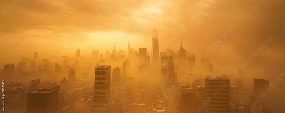 Obraz premium Dystopian Skyline Shrouded in Relentless Dust Storm Ominous Tones Climate Disaster Concept