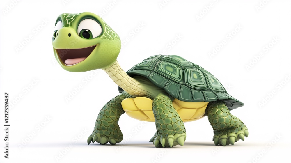 Fototapeta premium A cheerful green cartoon turtle with large expressive eyes and a friendly smile, ready for adventure.