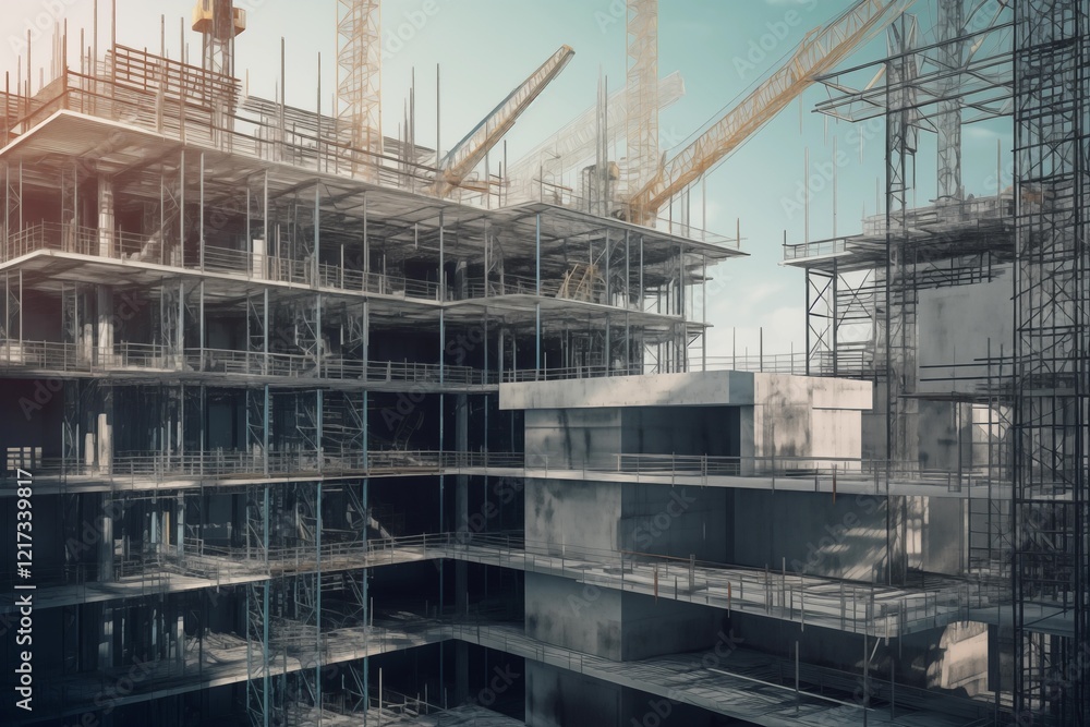 Modern building under construction with scaffolding and cranes against a clear sky, symbolizing urban development Modern building under construction with scaffolding and cranes against a clear sky, symbolizing urban development