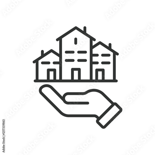 Real estate, icon in line design. Real estate, property, house, investment, homeownership, housing market, mortgage on white background vector. Real estate editable stroke icon