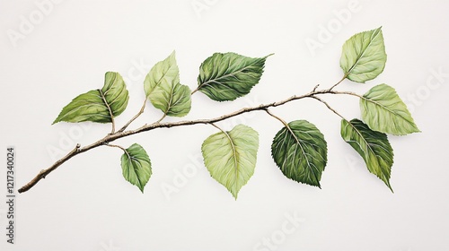 A beautifully detailed watercolor illustration of green leaves on a branch, showcasing intricate textures and shades.