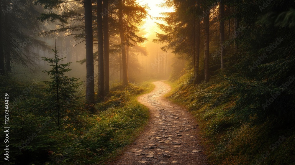 Fototapeta premium Misty forest path at sunrise. (2)