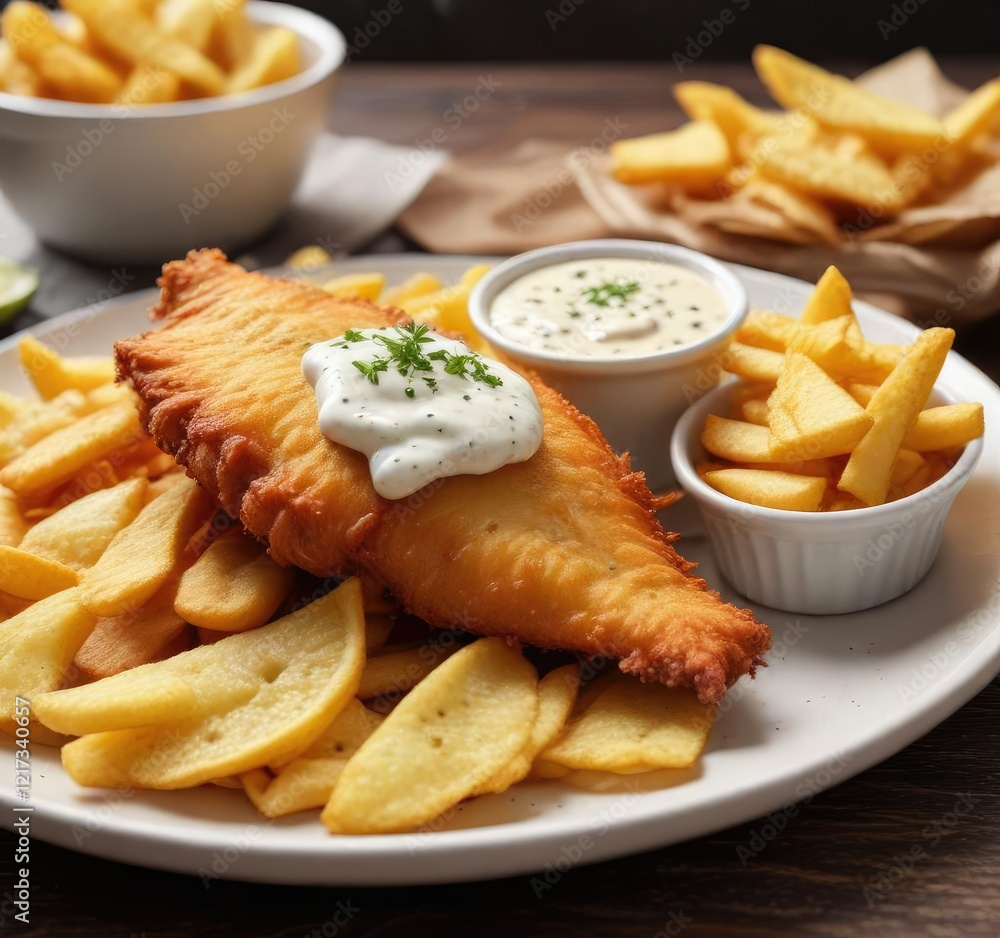Golden brown battered fish on a plate with crispy chips and a side of tangy tartar sauce , battered fish, lemon wedge, tartar sauce Golden brown battered fish on a plate with crispy chips and a side of tangy tartar sauce , battered fish, lemon wedge, tartar sauce