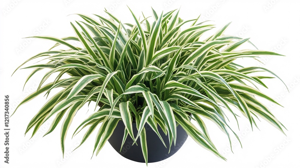 Vibrant green and white striped plant in a black pot, adding a touch of nature to any space. Vibrant green and white striped plant in a black pot, adding a touch of nature to any space.