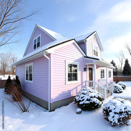 panoramic shot of a home clad in vinyl siding in a pastel lavender, standing serene and unscathed amidst a snowy landscape, displaying its charm and endurance photo