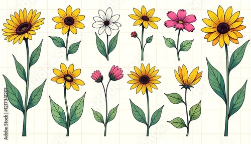 Wallpaper Mural A set of hand-drawn sketch-style icons featuring nature elements like leaves, flowers, raindrops, and mountains, in earthy tones Torontodigital.ca