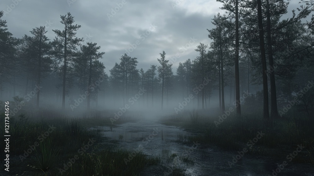 Misty forest scene with a stream. Misty forest scene with a stream.