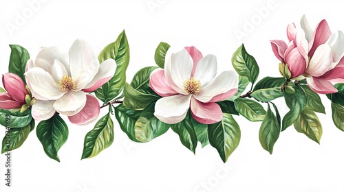 A beautiful arrangement of pink and white magnolia flowers surrounded by vibrant green leaves.