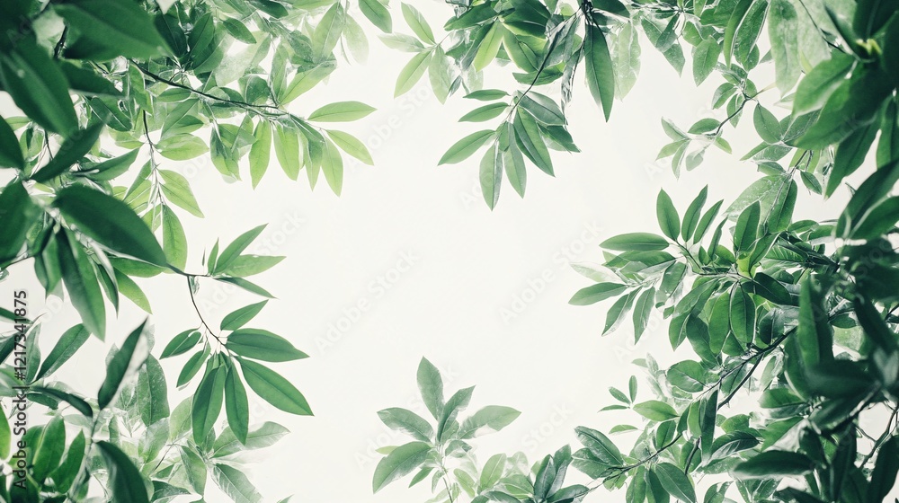 Fototapeta premium Lush green leaves framing a serene sky, creating a calming atmosphere.