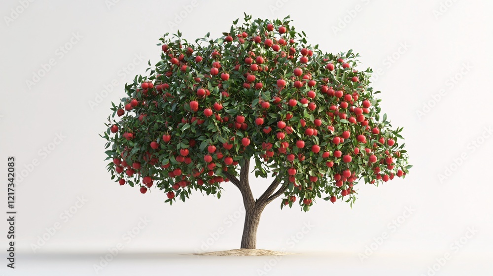 A lush apple tree laden with vibrant red apples, showcasing a fruitful harvest in a bright, minimalist setting. A lush apple tree laden with vibrant red apples, showcasing a fruitful harvest in a bright, minimalist setting.