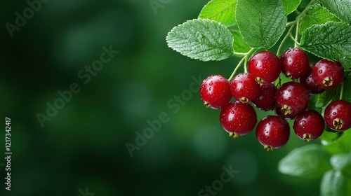 Fresh red berries on green leaves growing on a huckleberry bush in natural setting