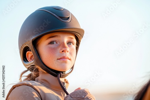 young equestrian in helmet and riding boots gently holding their horse reins with trusting bond photo