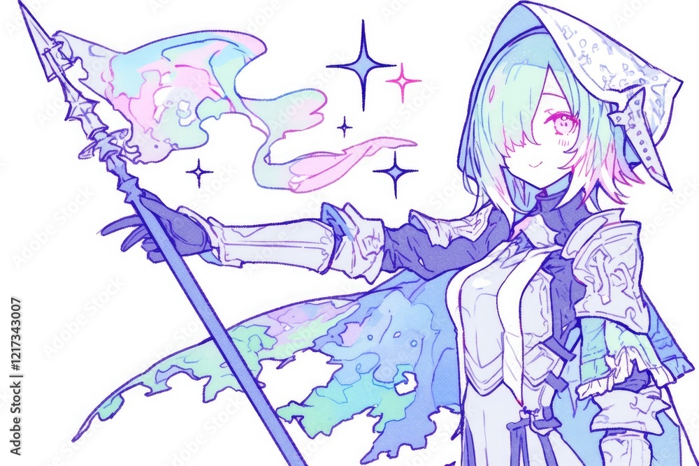 Obraz premium Pastel Anime Girl with a Staff and Flowing Cape