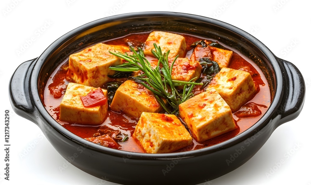 Spicy Tofu Stew, Studio Shot, White Background, Recipe Spicy Tofu Stew, Studio Shot, White Background, Recipe