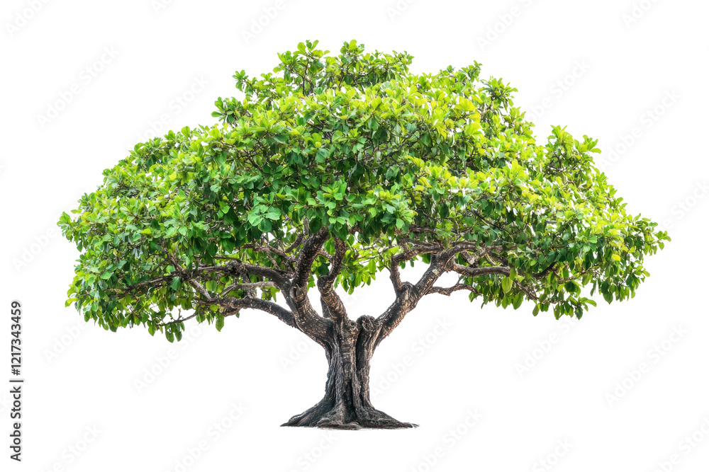Obraz premium A beautiful, large tree with a strong trunk and a rich array of green leaves, symbolizing solitude and peace. The tree's branches are filled with healthy leaves