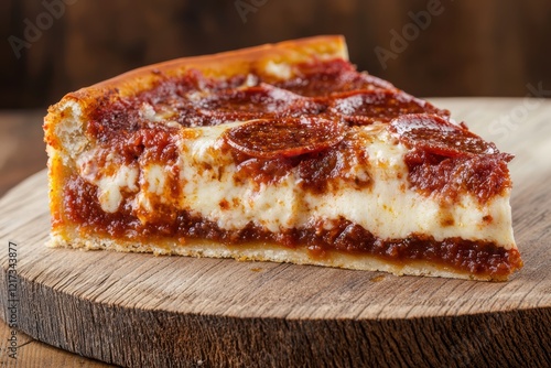 Delicious single slice of deep dish pizza with pepperoni and melted cheese on wooden board photo