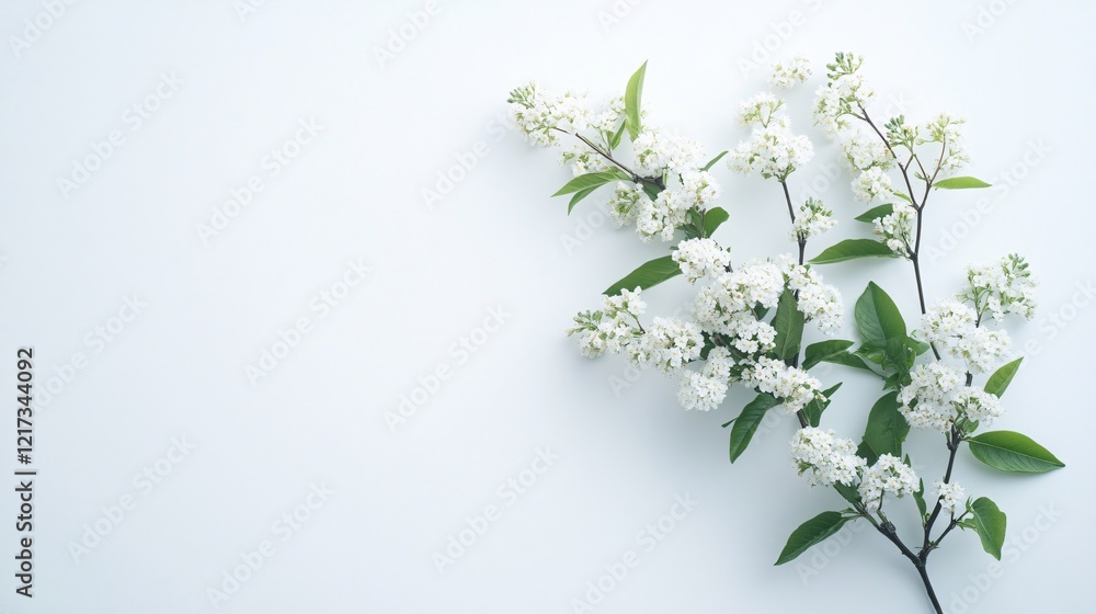 A delicate branch of white flowering blooms accented with lush green leaves against a soft, neutral background. A delicate branch of white flowering blooms accented with lush green leaves against a soft, neutral background.
