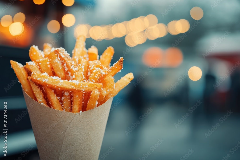 Crispy Golden French Fries Served in Paper Cone with Light Bokeh Background Perfect for Street Food or Snack Imagery Crispy Golden French Fries Served in Paper Cone with Light Bokeh Background Perfect for Street Food or Snack Imagery