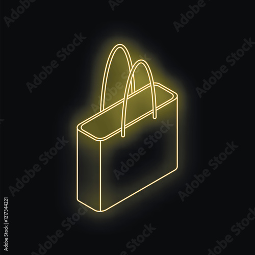 Isometric view of a glowing neon yellow shopping bag on a black background, representing online shopping and consumerism