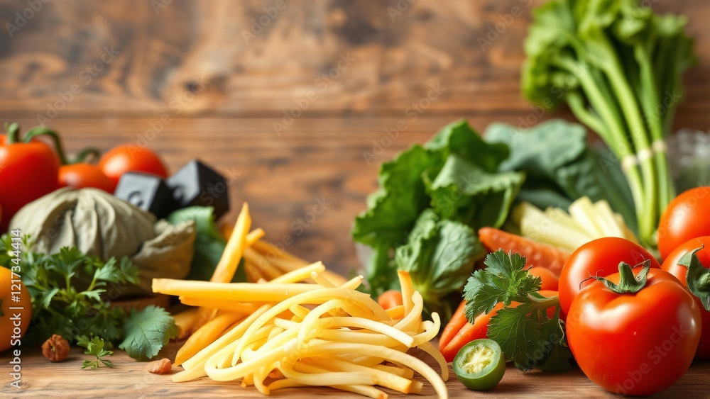 Fresh and Healthy Vegetables and Pasta on Rustic Wooden Background Fresh and Healthy Vegetables and Pasta on Rustic Wooden Background