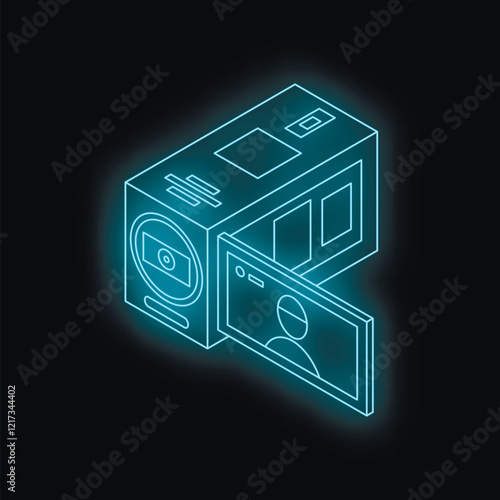 Neon blue isometric action camera displaying user profile picture on its screen, capturing exciting adventures