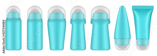 Light blue roller ball bottles with transparent caps. Body antiperspirant deodorant roll-on. Realistic vector mockup. Roller Applicator	
