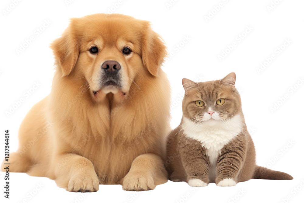 A calm British Shorthair cat with a fluffy Golden Retriever, sitting side by side, both looking at the camera, showing their calm and friendly expressions. A calm British Shorthair cat with a fluffy Golden Retriever, sitting side by side, both looking at the camera, showing their calm and friendly expressions.